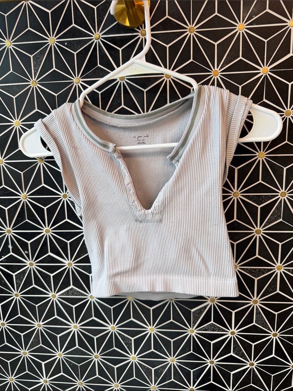 Urban Outfitters Ribbed Cropped Tank Top - Light Beige with Olive Trim